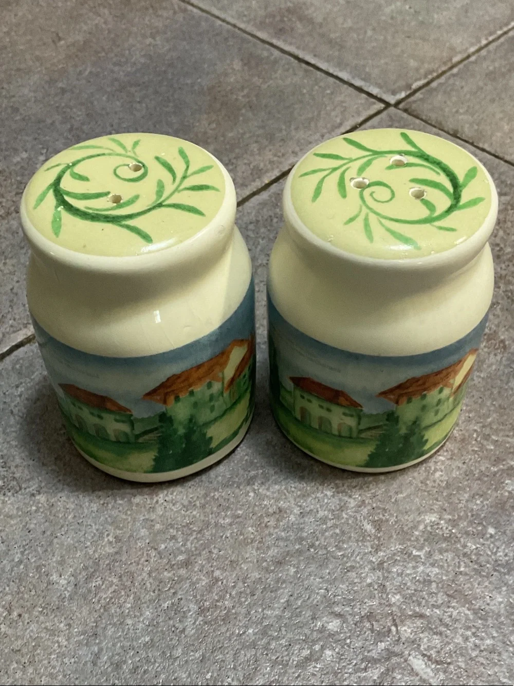 Hand-Painted Ceramic Salt and Pepper Shakers - Cream and Green